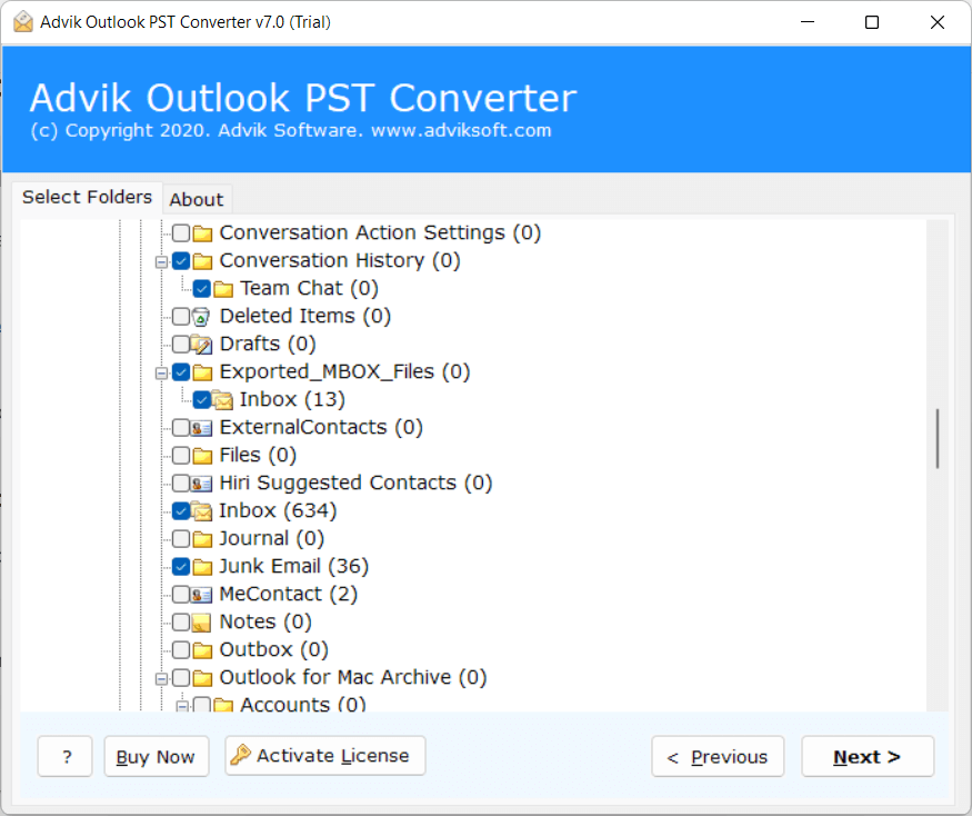 Select the required Outlook email folders