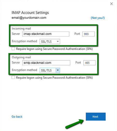 enter imap details