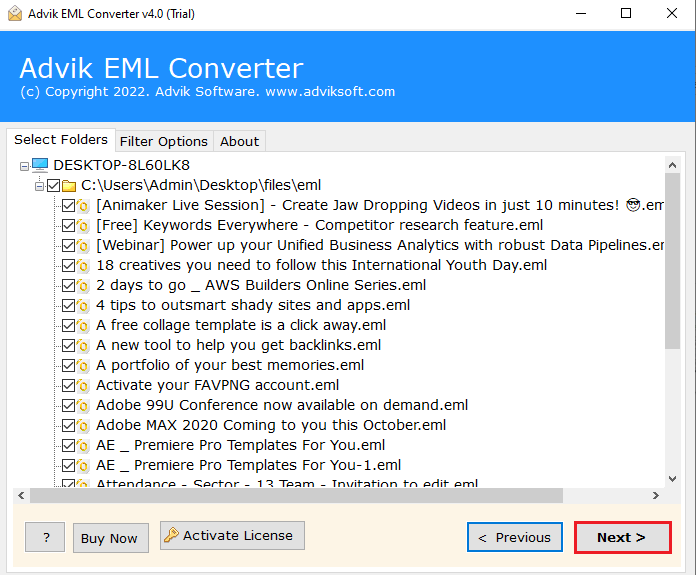 choose the required EML files