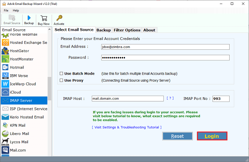 Enter Zimbra Mail account login details