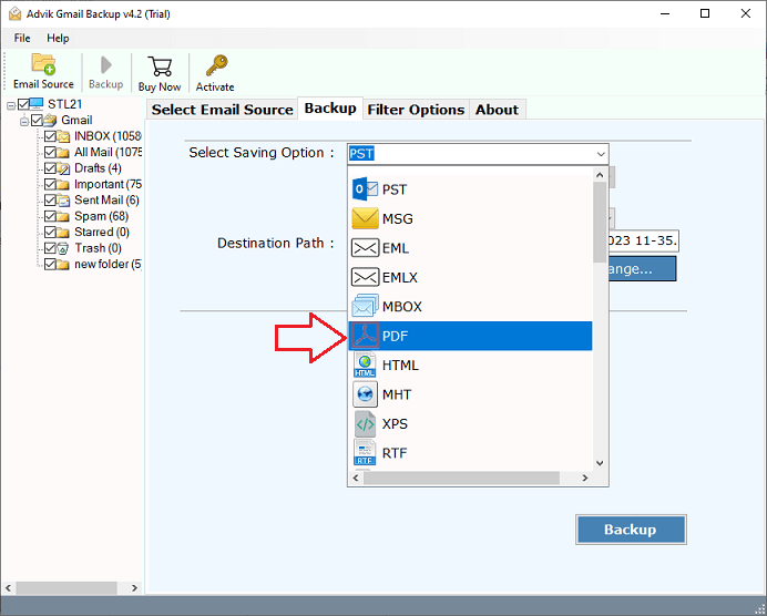 select file format to save gmail emails offline