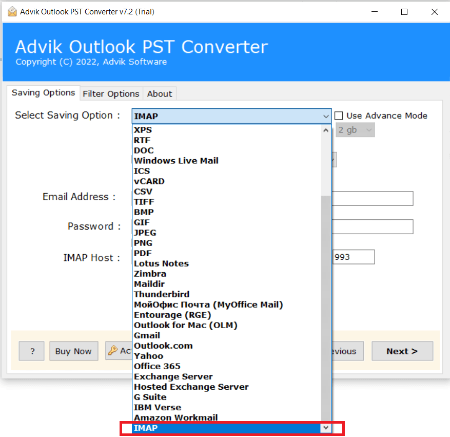 Choose IMAP as a saving option