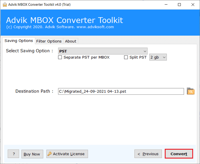 click convert to export mail from evolution to outlook