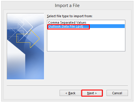 select outlook data file