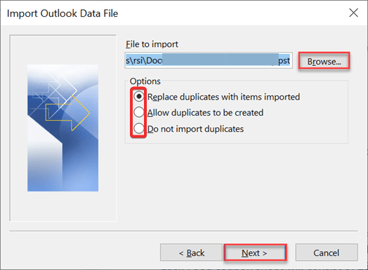 browse options to import pst to office 365