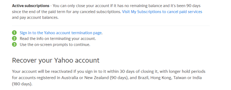 visit yahoo termination page