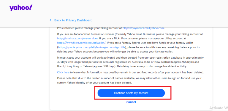 continue to delete yahoo email account