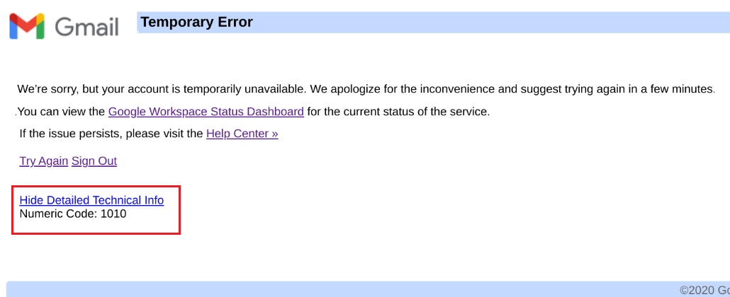Gmail Error Code 1010