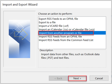 choose import from an other program 