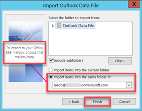 choose mailbox folders to import pst to office 365