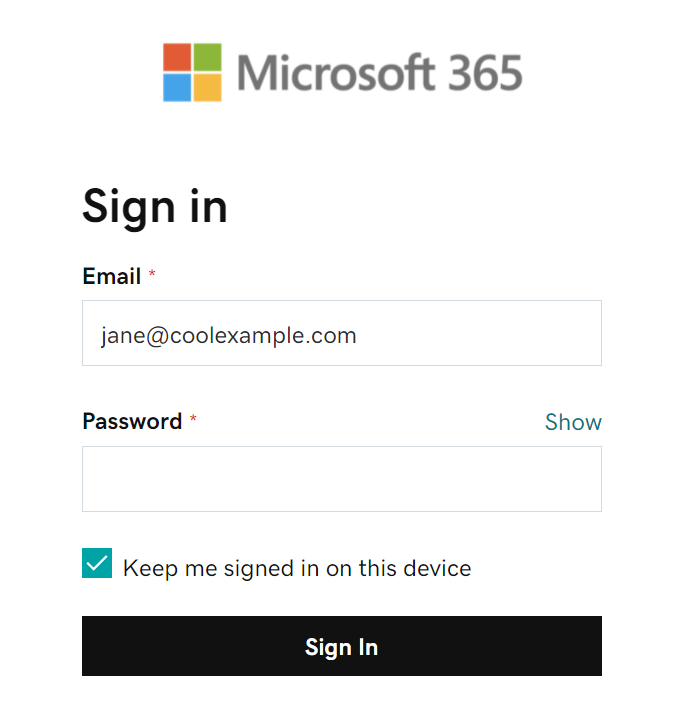 provide office 365 email password to sign in