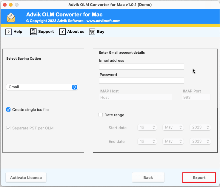 upload olm to gmail account