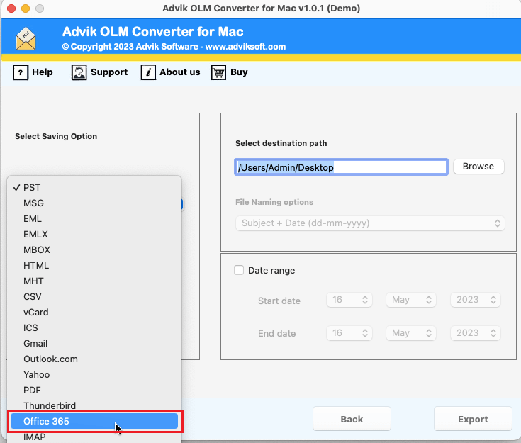 select Office 365 as a saving option