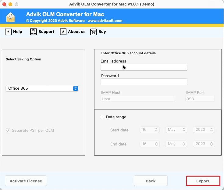 enter office 365 details and click convert to import OLM to office 365