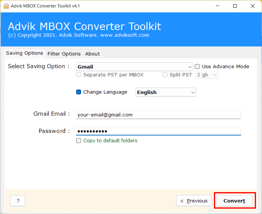 click convert to start importing mbox into gmail