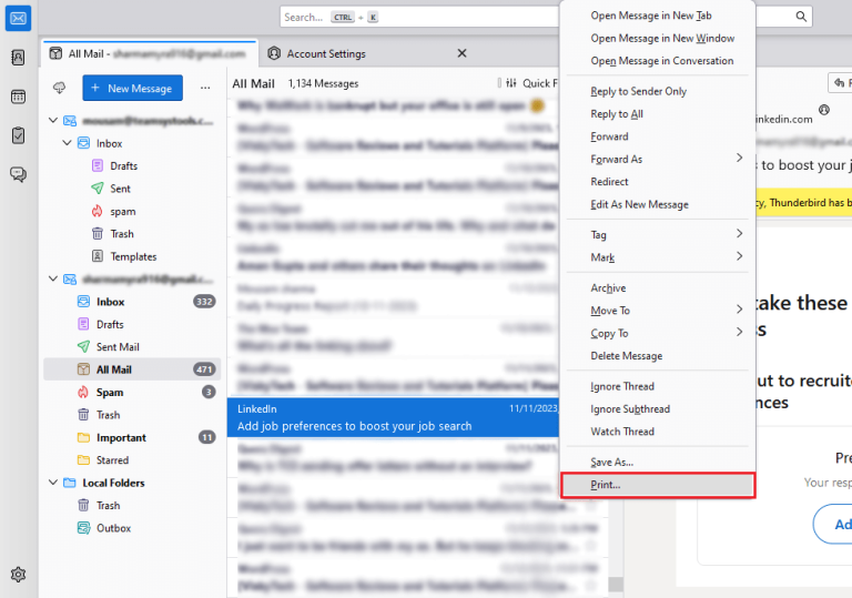 Print Thunderbird Emails With Headers and Attachments