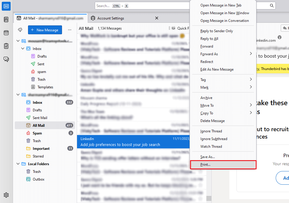 select print option to print thunderbird email