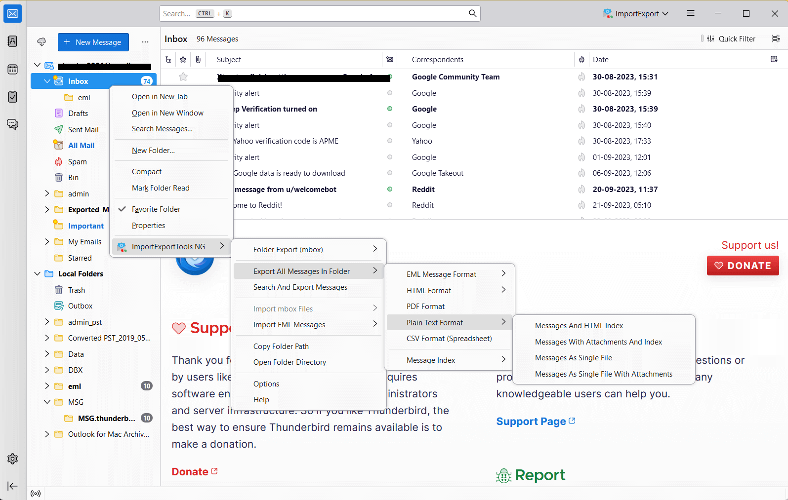 export thunderbird email to plain text file