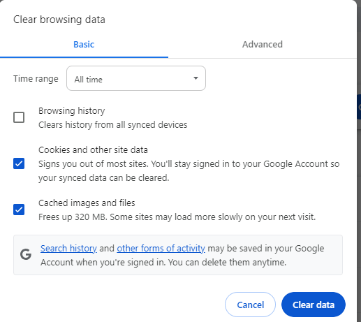 clear cache and cookies