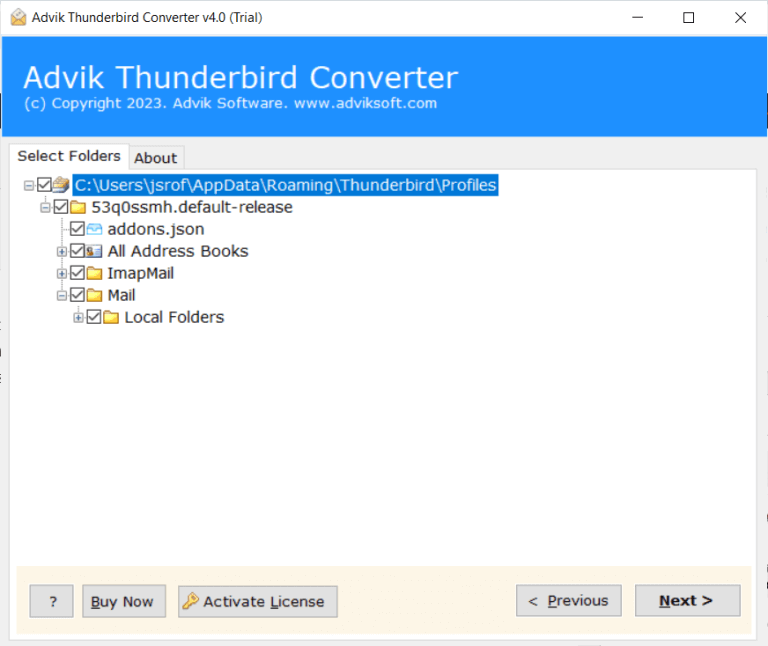 select email folders to export Thunderbird emails to txt