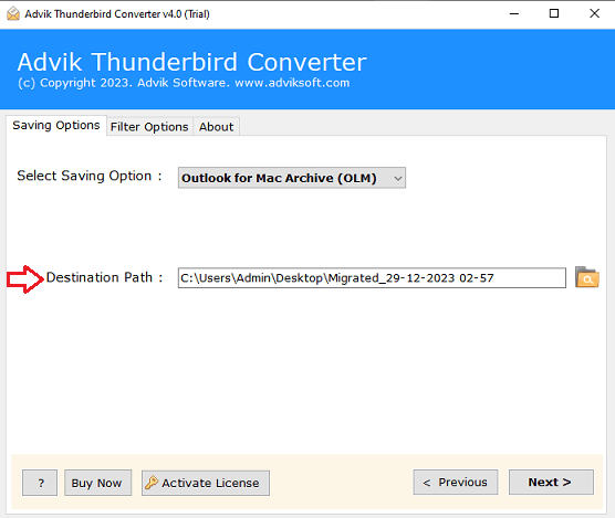 select destination to export thunderbird to olm
