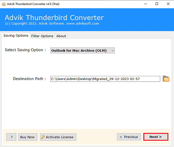 click convert to export thunderbird to olm