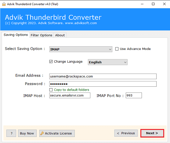 enter rackspace details and click convert to start thunderbird to rackspace migration