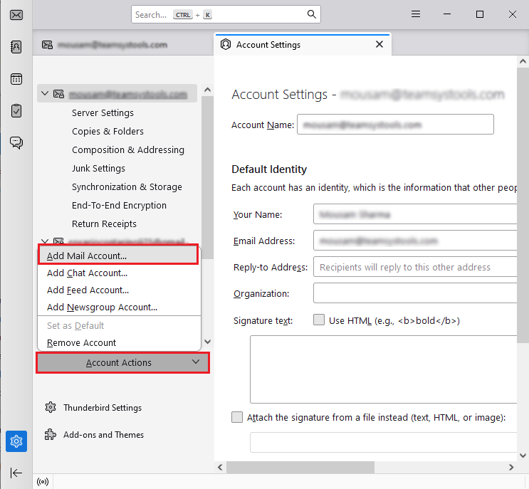 click add mail account to export Thunderbird emails to thunderbrid