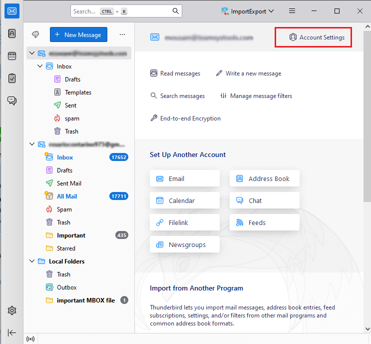 choose account settings in thunderbird