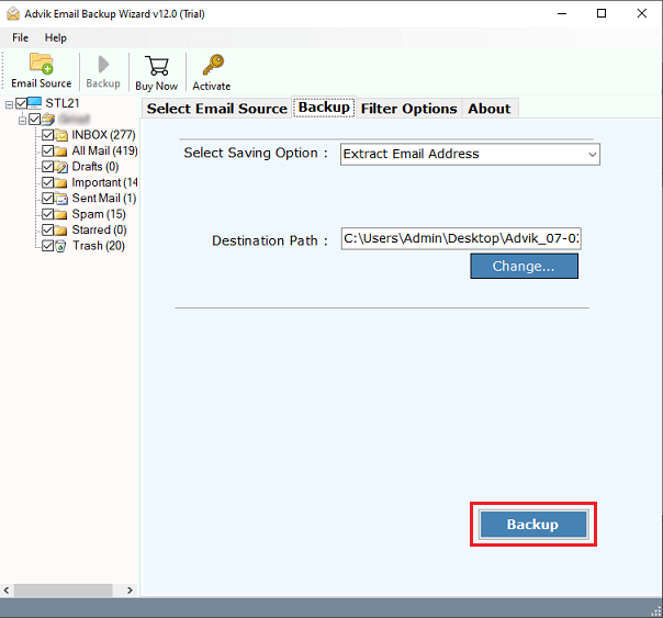 click backup button to extrcat email addresses from cpanel