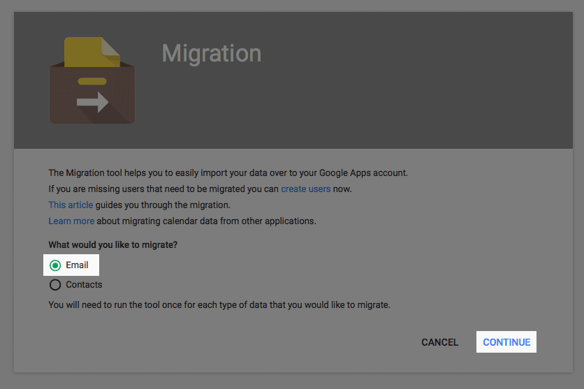 Choose email option to migrate