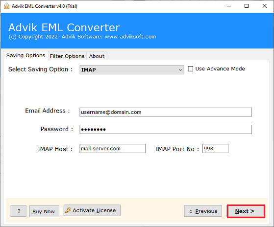 enter spark account details and click convert to import eml to spark