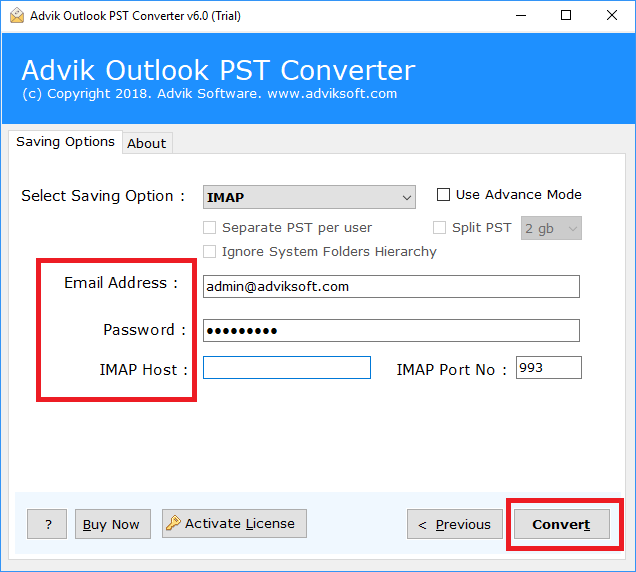 enter account details and click convert to Import PST to Mailbird