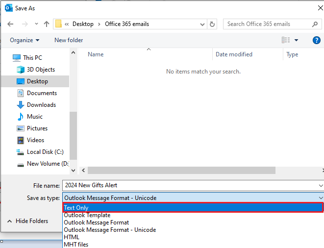 click save button to convert office 365 eails to text file