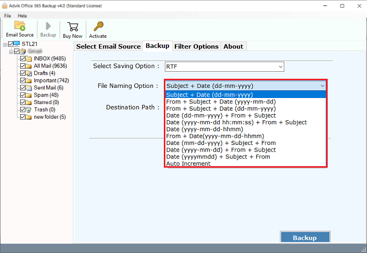 choose file-naming option to convert Office 365 email to text