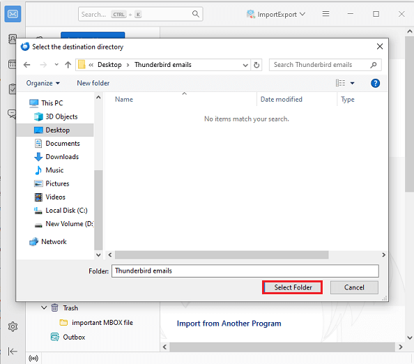 click select folders to move thunderbird local folders to another drive