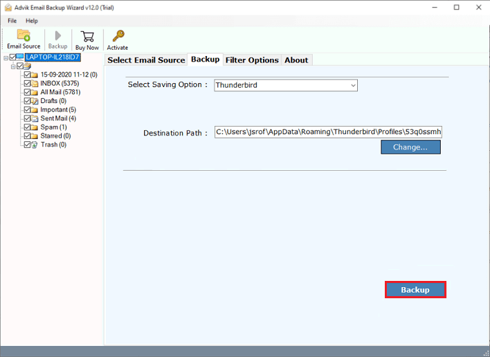click backup button to export Roundcube emails to Thunderbird