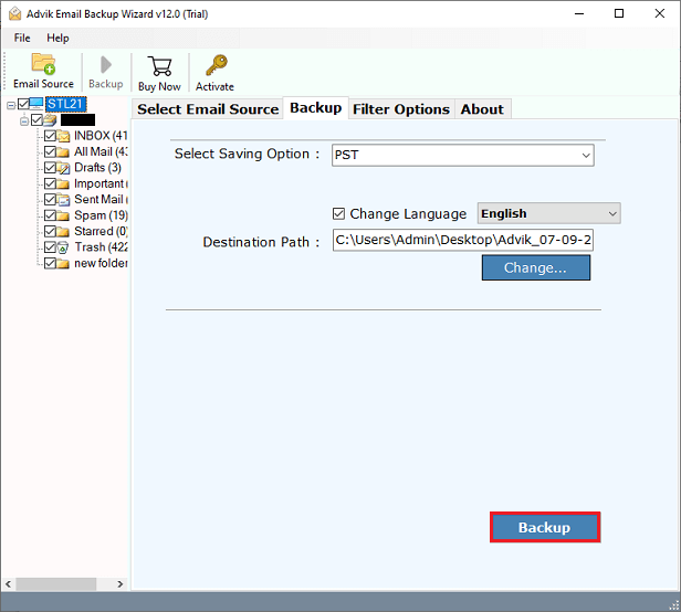 click backup to export canary mail to pst file
