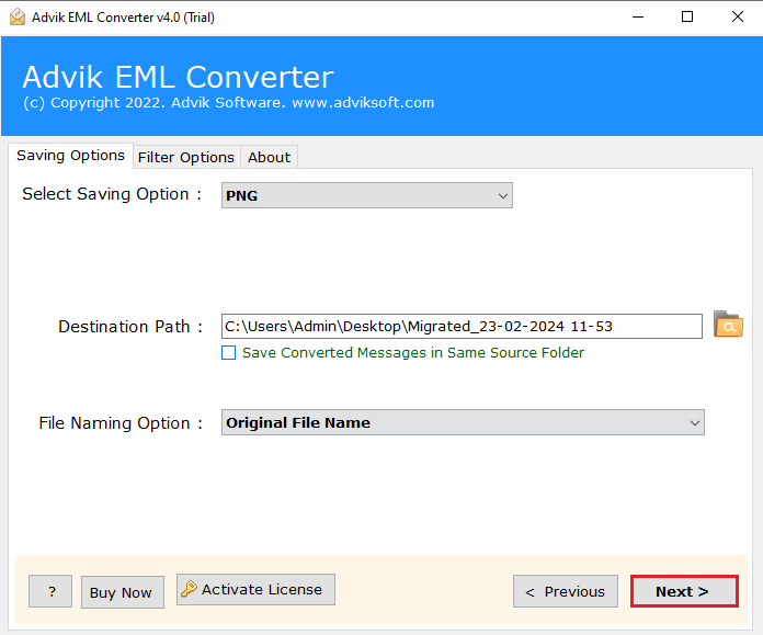 click the convert to convert eml to png file