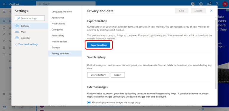 click Export Mailbox