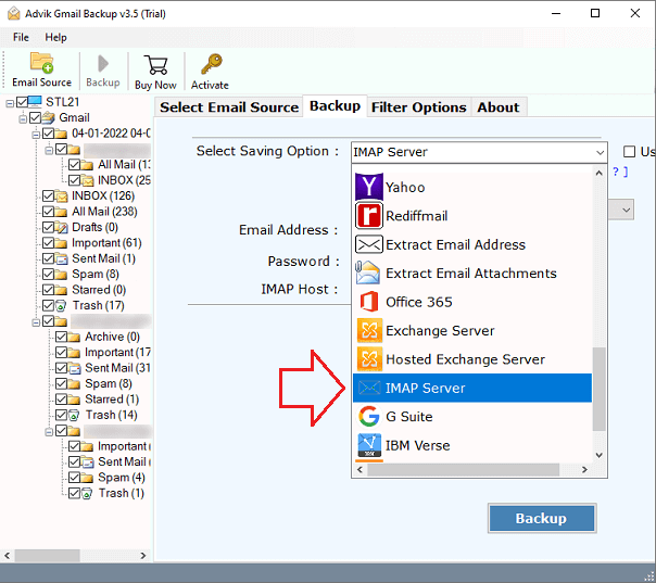 Select IMAP from the given saving options