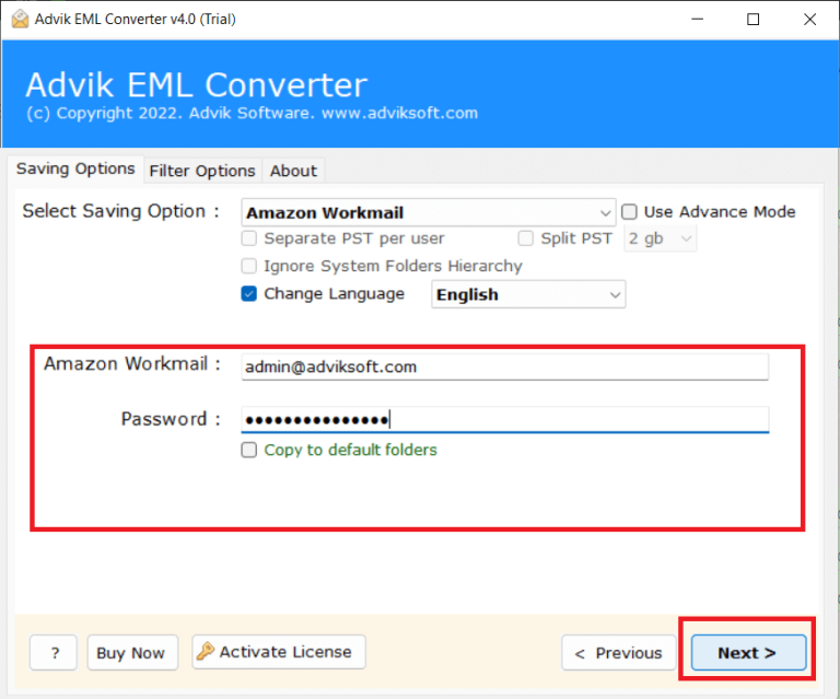 Enter the account details of Amazon Workmail and click Next to import eml to amazon workmail