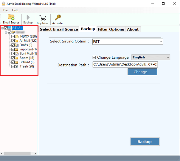 select the Optusnet email folders to transfer into gmail