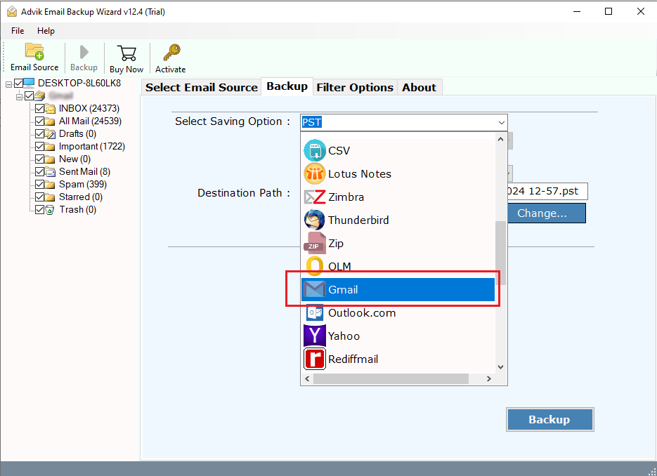 Select Gmail as the destination source