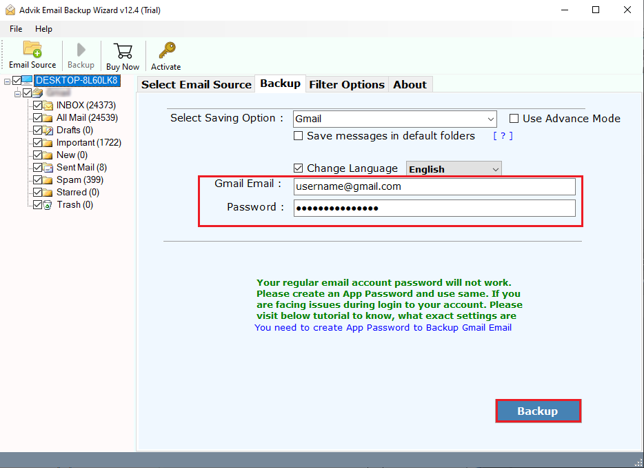 enter gmail details and click backup to transfer protonmail