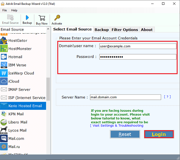enter Kerio Mail account details and click the Login