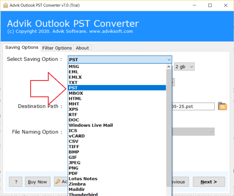 choose PST as a saving option