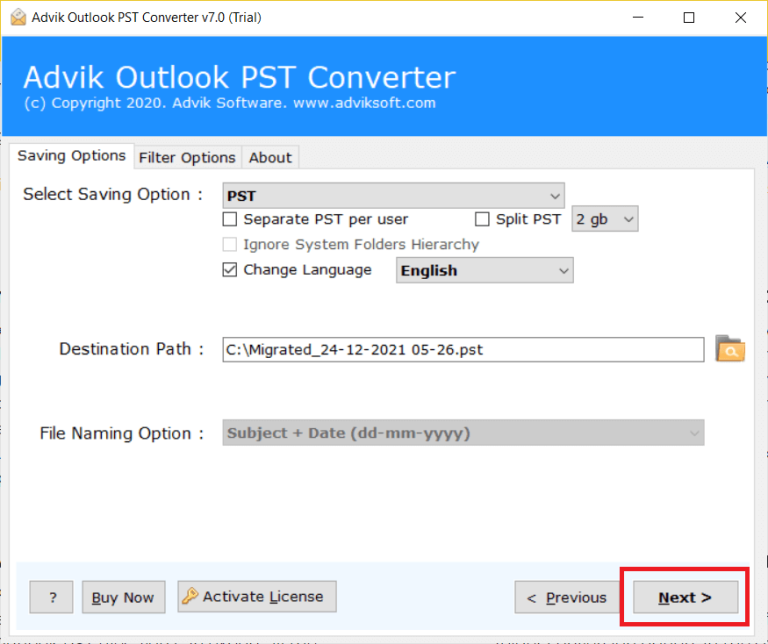 browse a location and click Next to transfer emails from outlook to outlook
