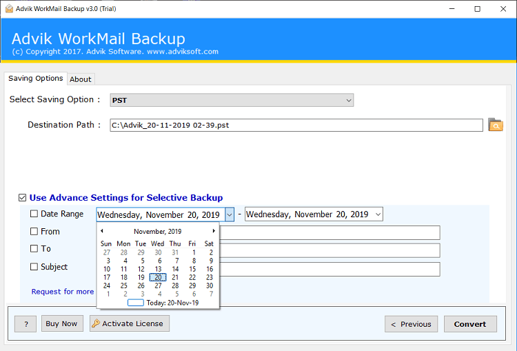 click convert to export AWS Workmail to PST