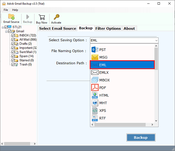 select EML to export google workspace